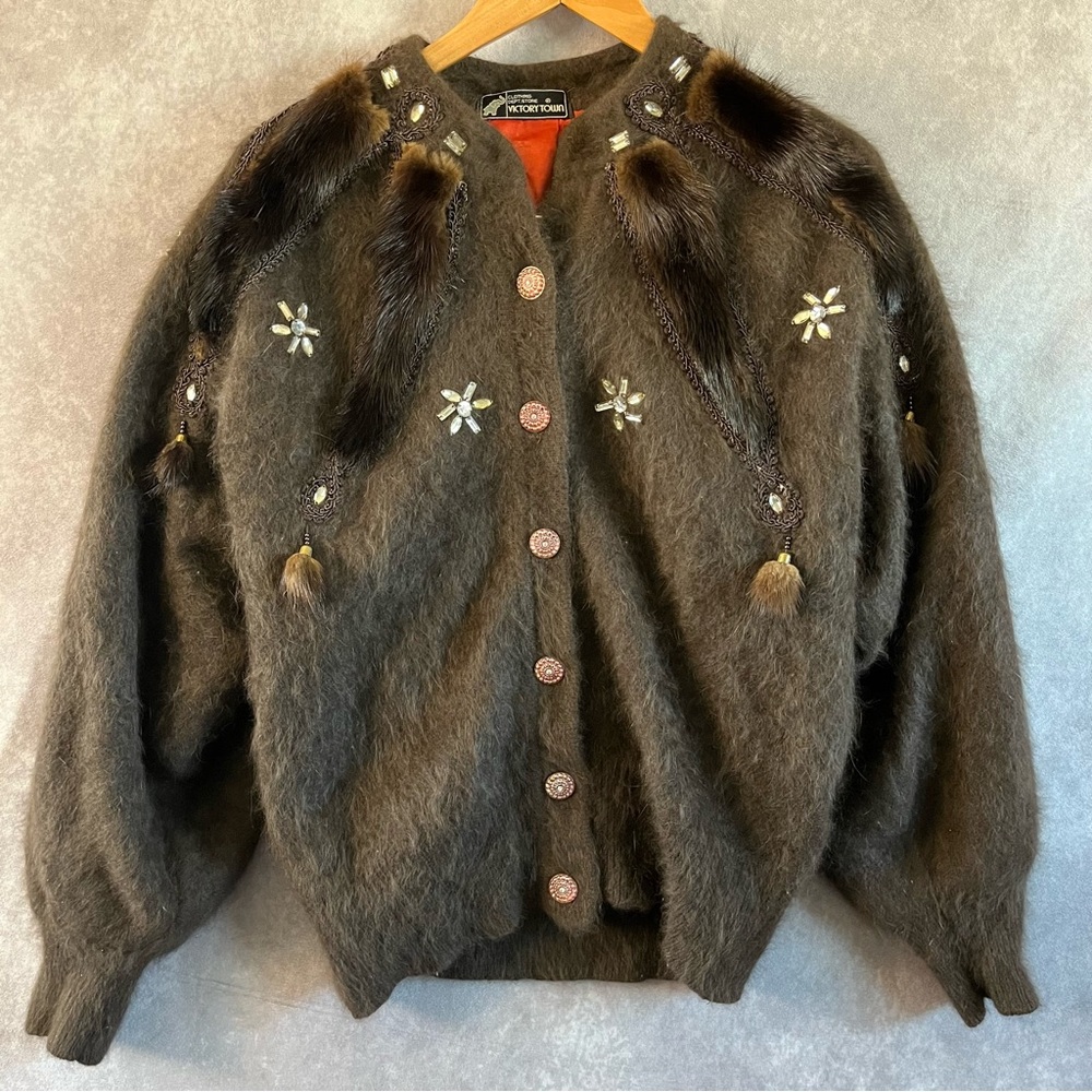 Vintage Jacket Womens Medium Brown Mohair‎ Coat Button Gems Beaded *See Descrip*